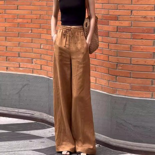 松紧腰垂感气质直筒休闲裤 2026新款 女夏薄款 棕色老钱风亚麻阔腿裤