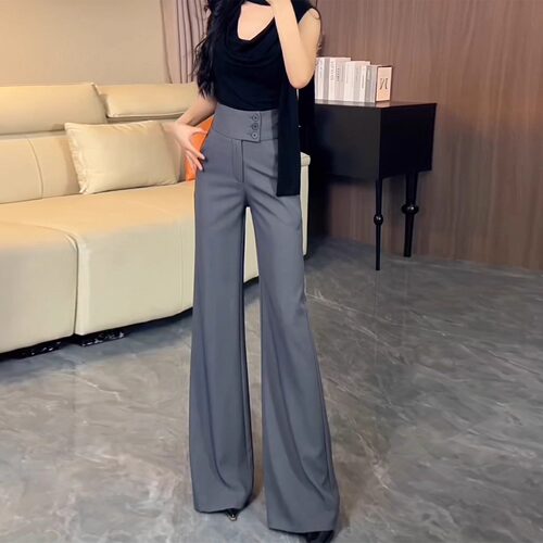 灰色高级感排扣微喇西装裤女