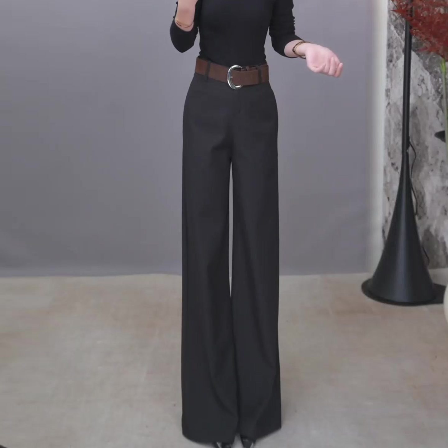 黑色高腰修身西装阔腿裤女