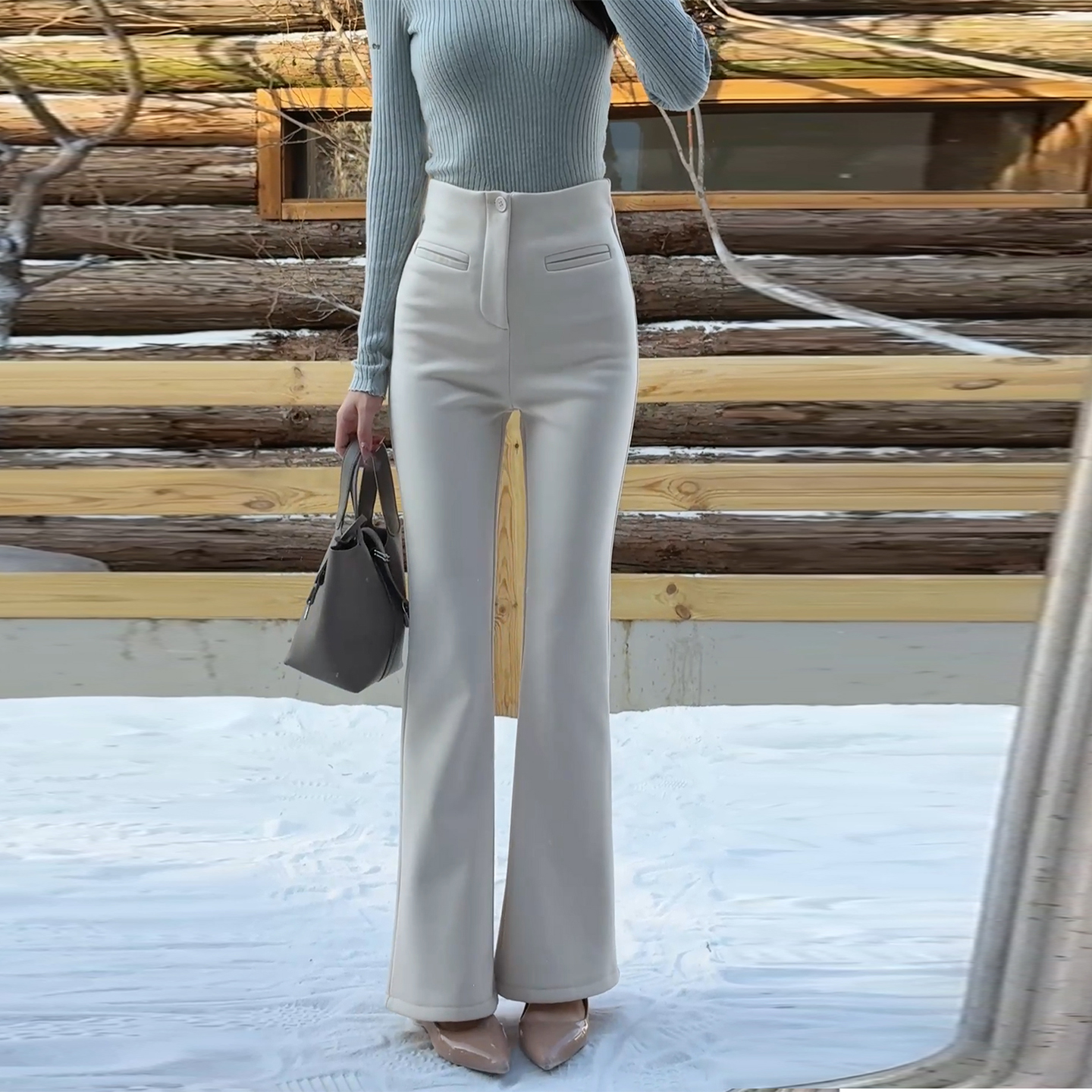 杏色韩系气质微喇休闲裤女