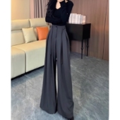 子 灰色阔腿裤 宽松垂感系带高腰绑带阔腿西装 女2025年夏季 裤 新款