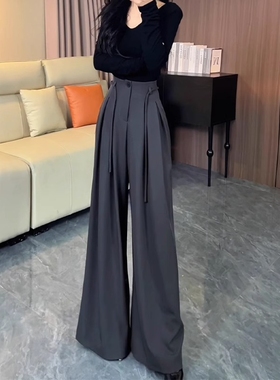 灰色阔腿裤女2025年夏季新款宽松垂感系带高腰绑带阔腿西装裤子