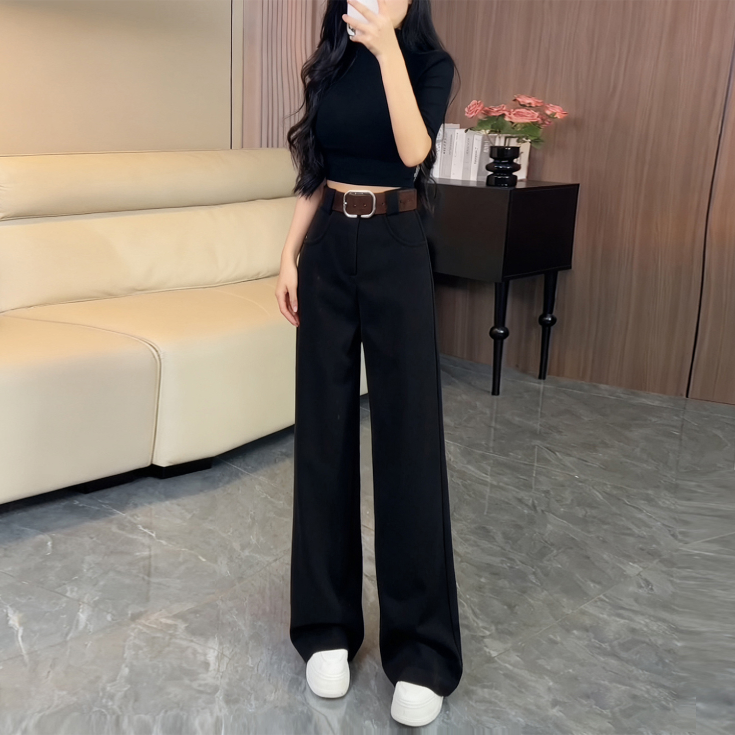 黑色高级感毛呢阔腿裤女