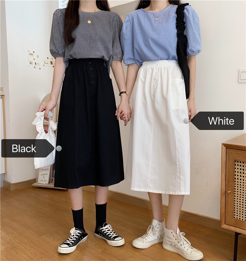 Real shot real price air show thin elastic waist breasted mid length skirt for women