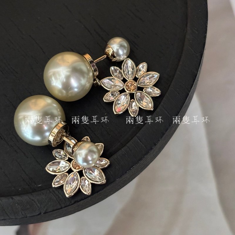 D家镶钻超闪大小珍珠双面镂空花朵耳环设计感轻奢耳坠气质百搭女