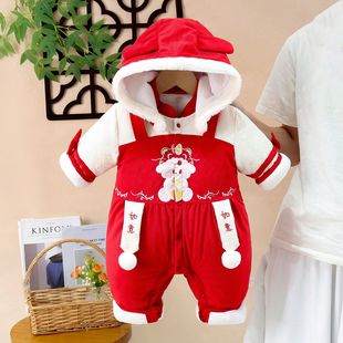 婴儿新生衣服冬天中国周岁哈衣爬服礼服女宝宝夹棉加厚百天连体衣