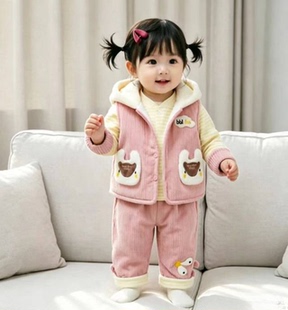 女宝宝秋冬夹棉套装0-1-2岁新生男婴幼儿薄棉外出服春加厚三件套