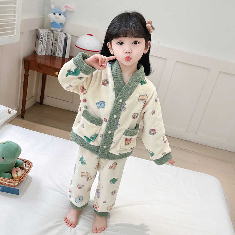 加厚秋冬季法兰绒女童睡衣