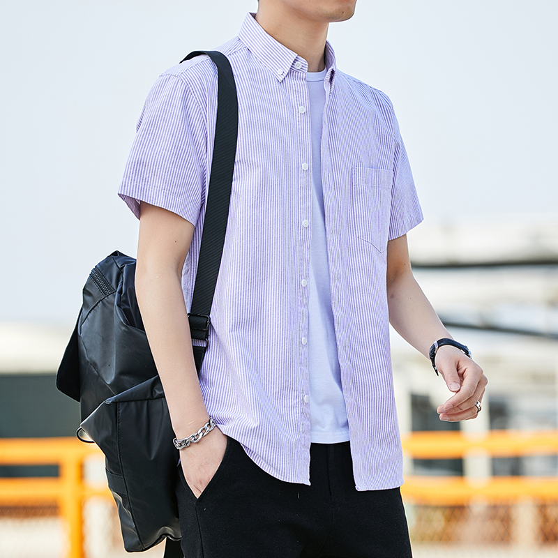 男士夏条纹衬衣宽松休闲韩版上衣商务修身纯棉短袖衬衫大码男装潮