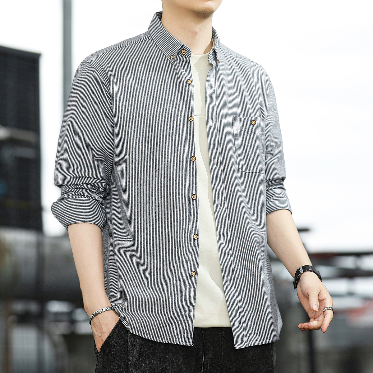 纯棉条纹长袖衬衫休闲上衣