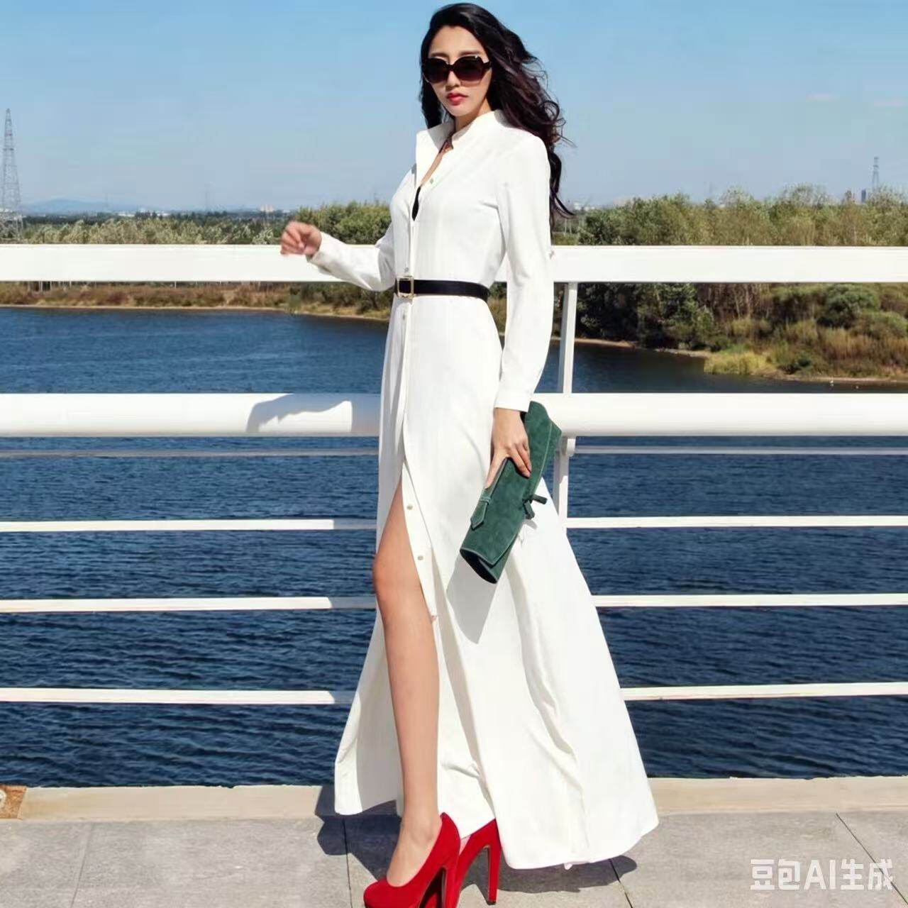 欧美春夏修身显瘦超长连衣裙长袖拖地长裙女旅行波西米亚沙滩裙