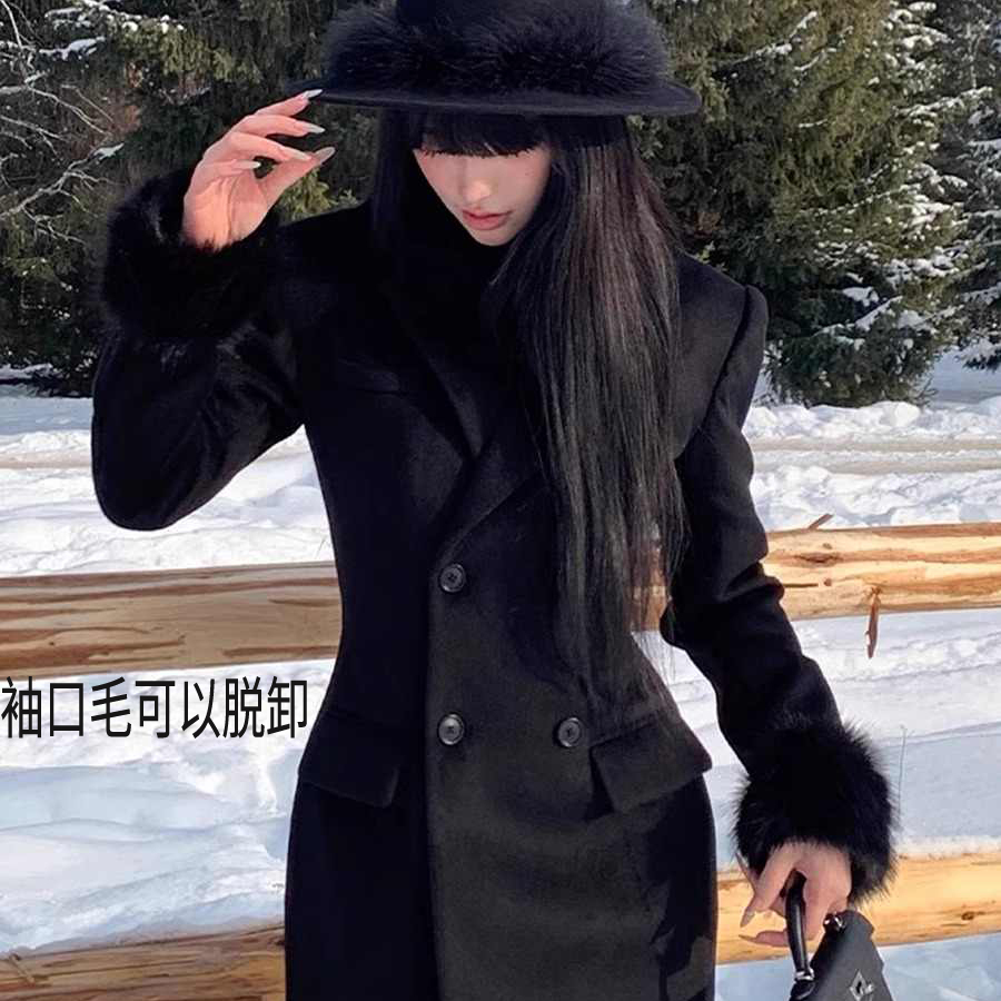 大码复古黑色毛呢收腰显瘦大衣女冬韩系高级感长款西装呢子外套