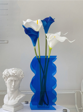 ins中古风克莱因蓝色郁金香波浪花瓶客厅餐桌台面装饰品花卉摆件