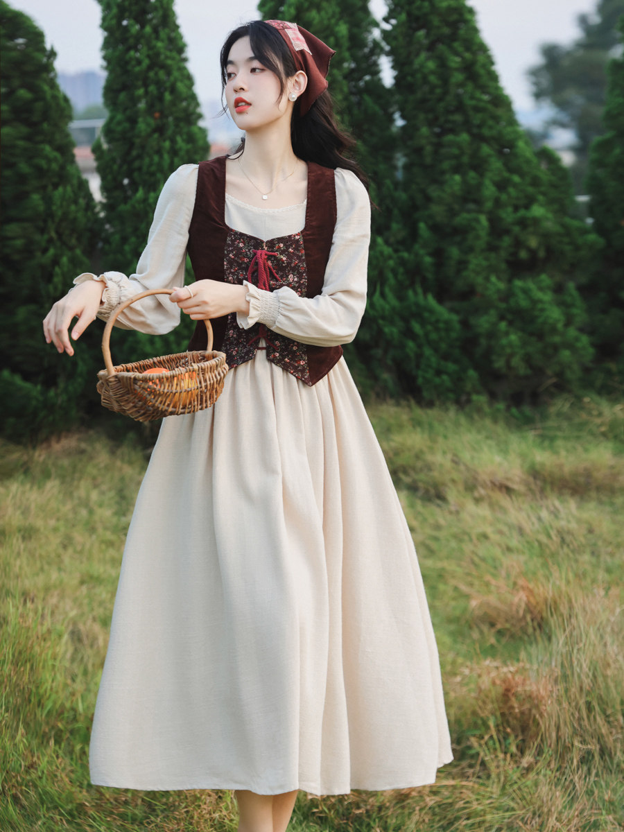 棉麻田园风纯色复古大摆裙