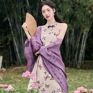 新中式夏季新款温柔甜美气质性感复古旗袍紫色连衣裙防晒开衫套装