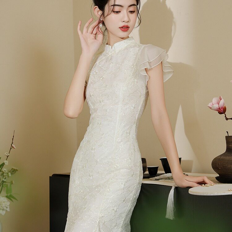 伴娘服新中式夏季新款改良旗袍重工刺绣复古鱼尾白色连衣裙礼服裙