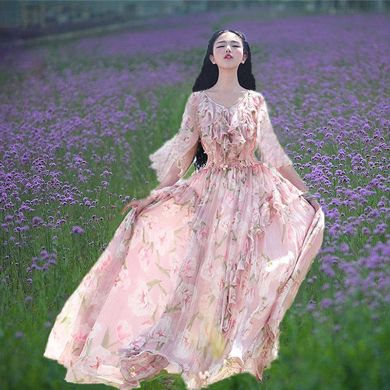 夏季拍照旅游新款显瘦气质雪纺大摆长裙长款印花度假连衣裙沙滩裙