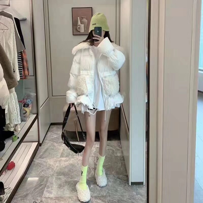 新款大毛翻领口袋抽绳宽松短款棉服外套花苞袖潮