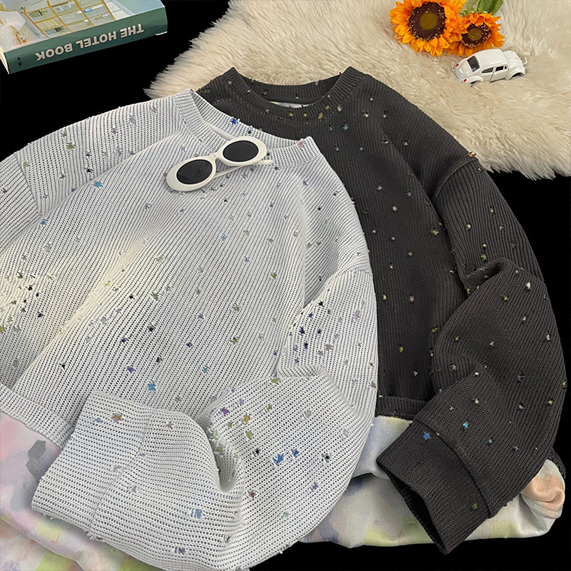 彩色星星提花破洞圆领卫衣男女设计感美式长袖t恤W4682-特价P50,男装卫衣,电商A007-1