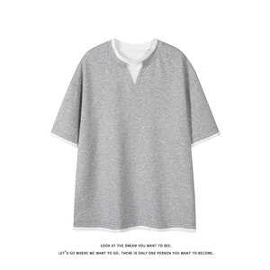 美式复古重磅假两件半袖夏季撞色拼接短袖T恤上衣T3700-特价P30图片