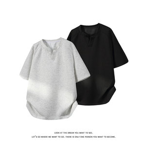 休闲风半开领短袖T恤男女宽松重磅纯棉小领口上衣T3709-特价P20图片