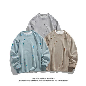 美式破洞长袖圆领卫衣休闲宽松日常基础款男W4676-P48【特价】，男装卫衣，电商A007-1