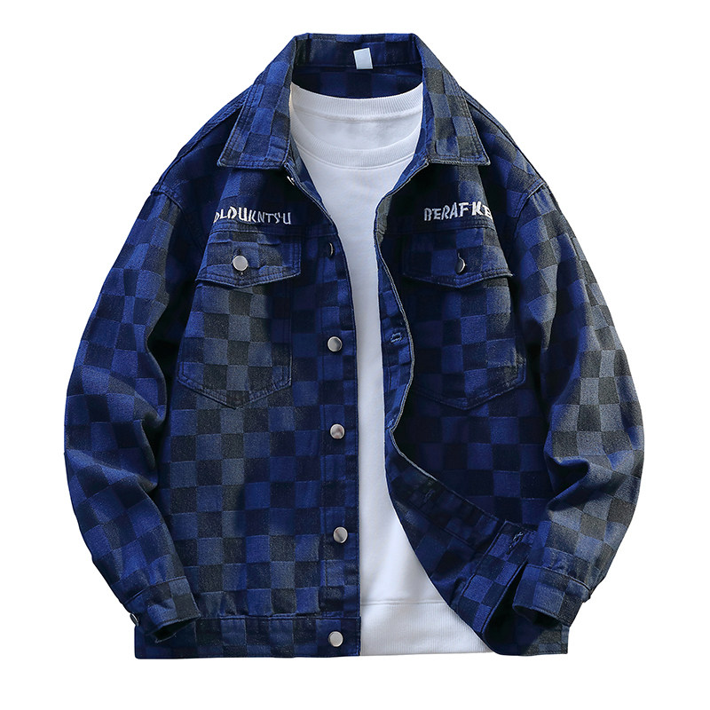 棋盘格翻领牛仔夹克美式复古风男春秋宽松外套JA3710-特价P55，男装夹克，电商A007-1