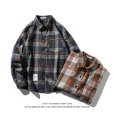 港风宽松复古长袖衬衫格子潮流休闲大码男士C751P32【特价】，男装衬衫，电商A007-1