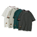 港式条纹短袖休闲T恤男女圆领宽松港风百搭潮流上衣T122-特价P25，男装T恤，电商A007-1