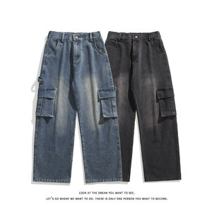工装大口袋宽松美式牛仔裤大码直筒休闲长裤K8553-P44【特价】，男装牛仔裤，电商A007-1