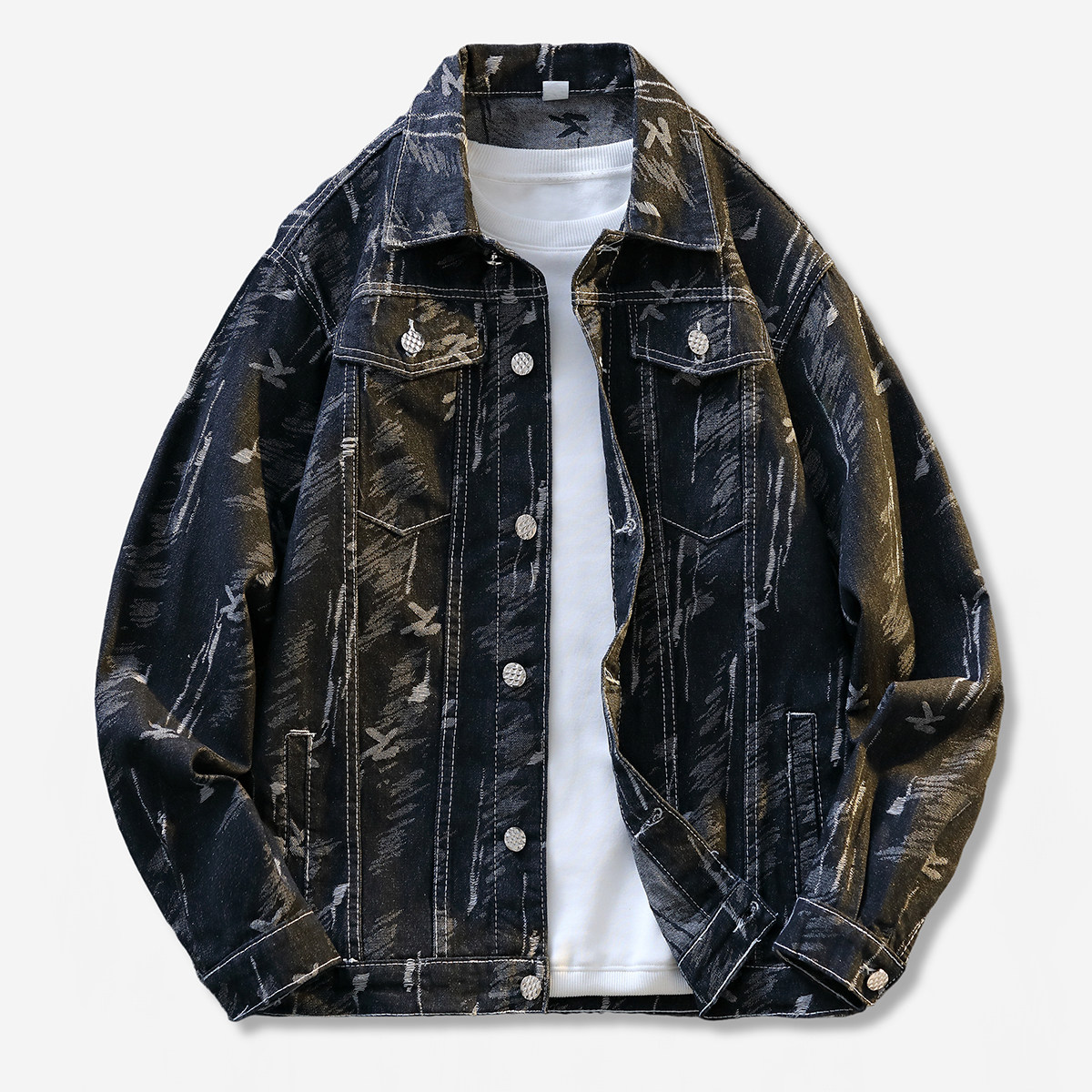 工装风翻领牛仔夹克男宽松印花潮牌百搭外套男士夹克JA28-特价P58，男装夹克，电商A007-1