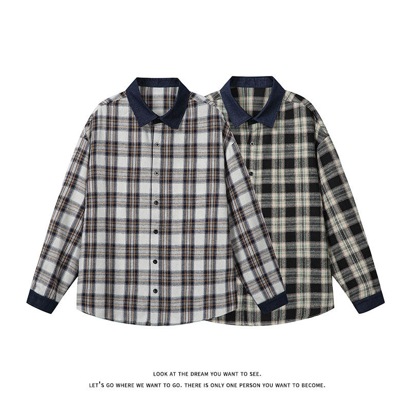 复古格子拼接衬衫男长袖宽松休闲翻领百搭外套C2277-特价P35，男装衬衫，电商A007-1