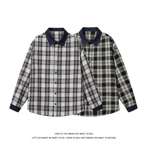 复古格子拼接衬衫男长袖宽松休闲翻领百搭外套C2277-特价P35，男装衬衫，电商A007-1