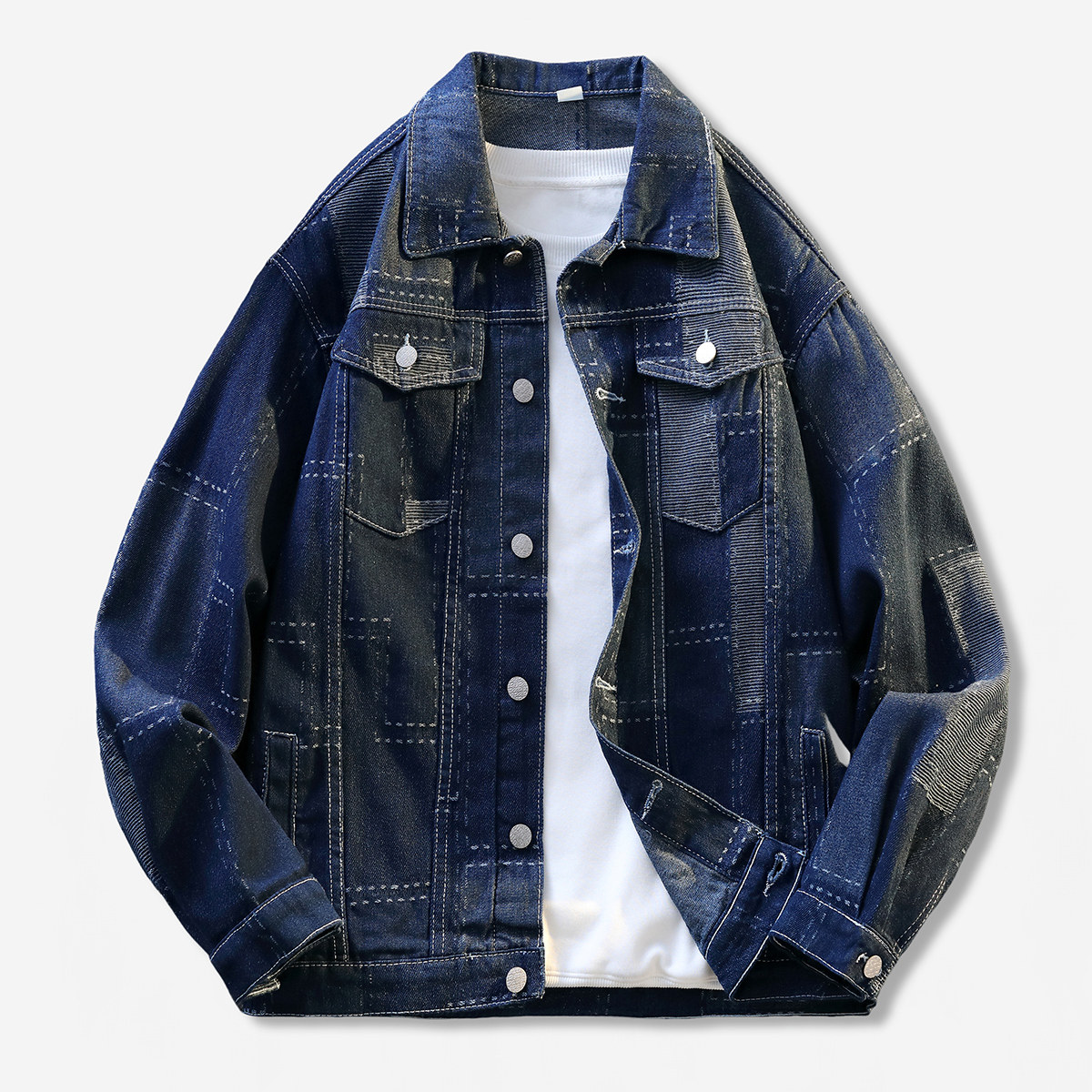工装风拼接牛仔夹克男翻领宽松百搭外套青年纽扣上衣JA36-特价P58，男装夹克，电商A007-1