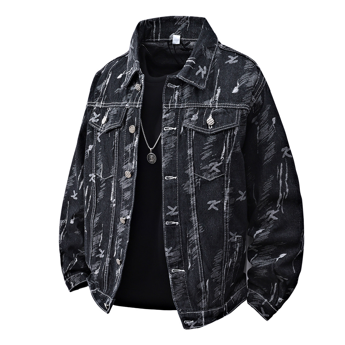 工装风翻领牛仔夹克男宽松印花潮牌百搭外套男士夹克JA28-特价P58，男装夹克，电商A007-1