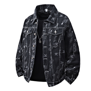 工装风翻领牛仔夹克男宽松印花潮牌百搭外套男士夹克JA28-特价P58，男装夹克，电商A007-1