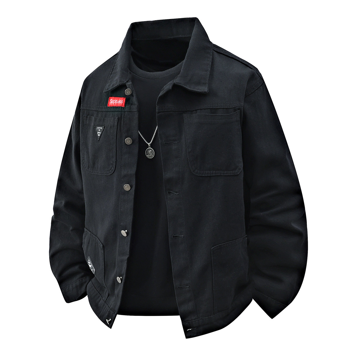 工装风翻领牛仔夹克男休闲宽松纽扣多口袋长袖外套JB80-特价P53，男装夹克，电商A007-1