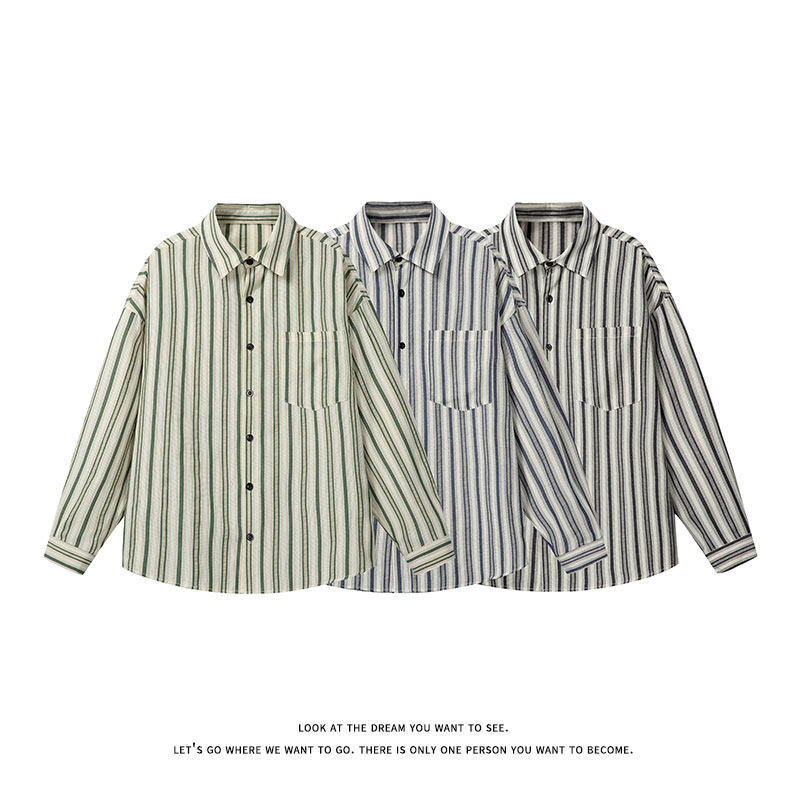 日系复古条纹衬衫男长袖宽松翻领少年感衬衣男女C2276-特价P40，男装衬衫，电商A007-1