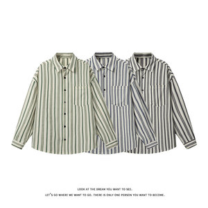日系复古条纹衬衫男长袖宽松翻领少年感衬衣男女C2276-特价P40，男装衬衫，电商A007-1