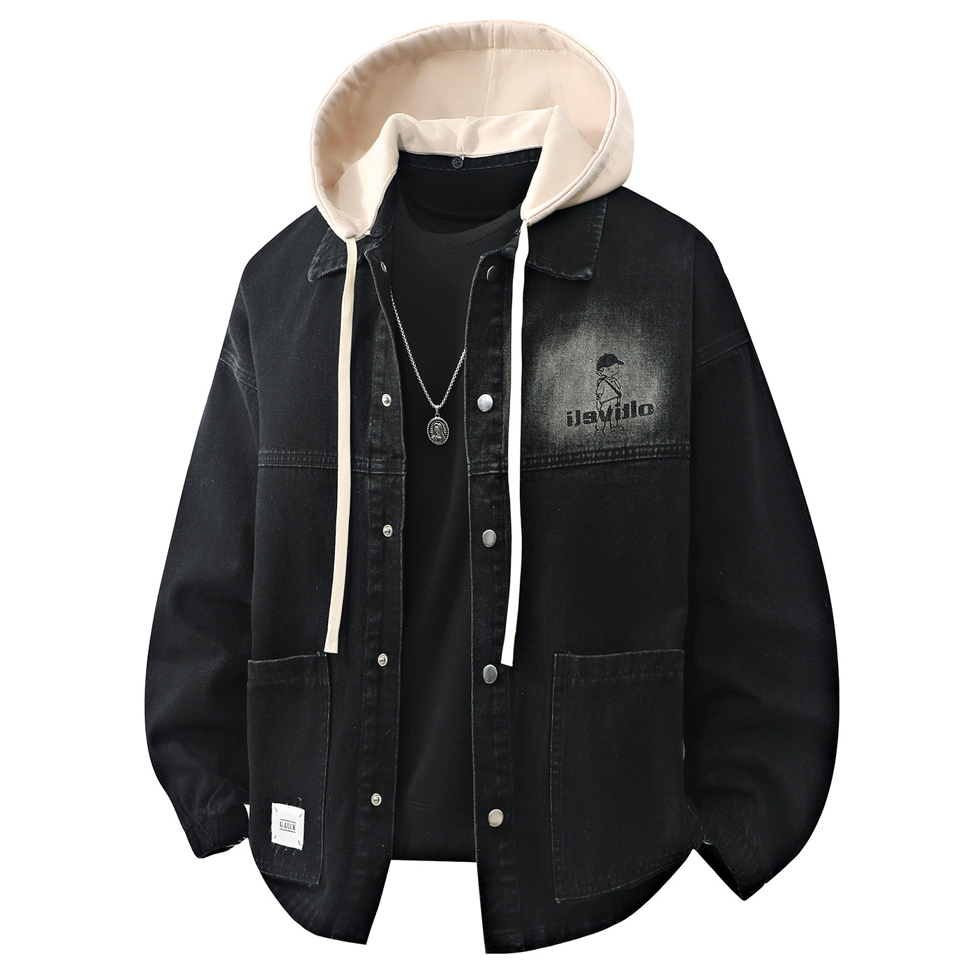 假两件拼接外套复古风长袖连帽休闲风牛仔夹克男JA8711-特价P68，男装夹克，电商A007-1