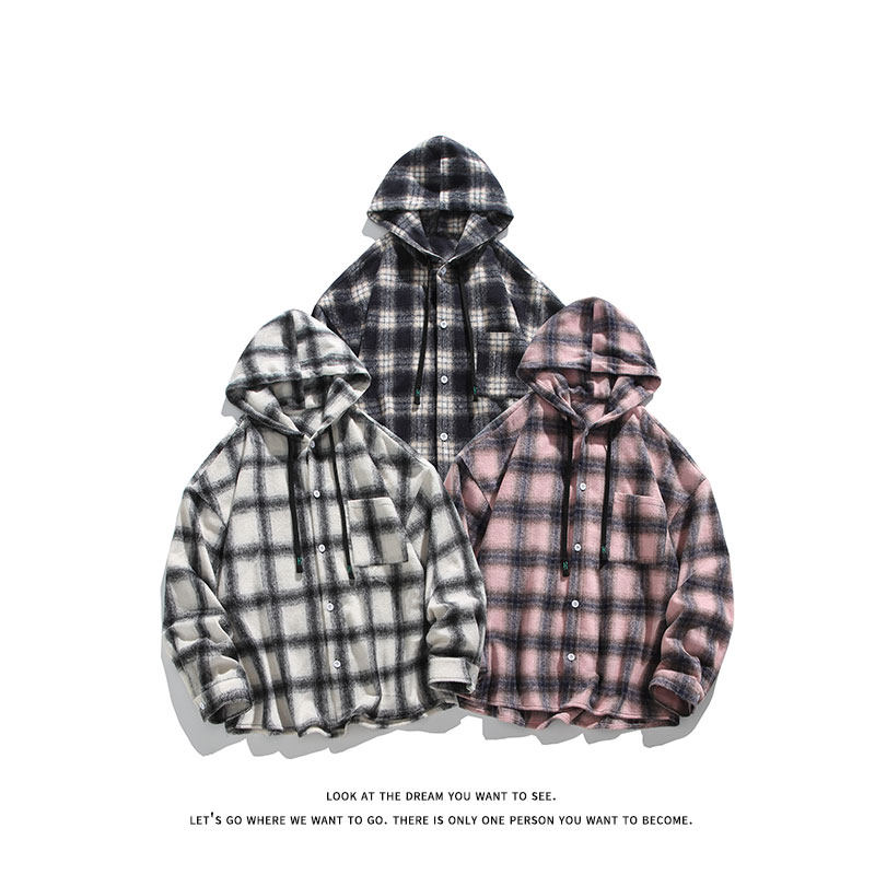 磨毛加厚连帽外套美式慵懒风大码格子长袖衬衫C2257-特价P45，男装衬衫，电商A007-1