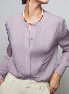 现货大牌品质紫色迷情轻复古圆领blouse慢工艺风琴褶定纺鬼绉真丝