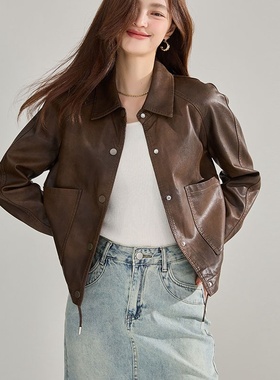 25秋季新款pu皮衣翻领复古外套女流行短款抽绳港风夹克上衣18663