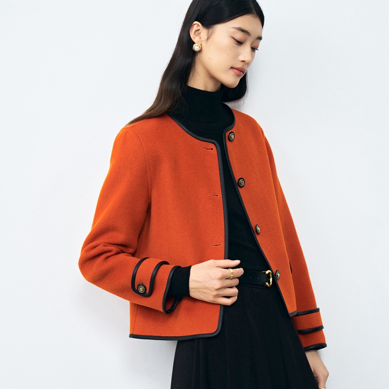 HONB红贝缇新款秋冬亮色双面呢羊毛橘色撞色包边宽松短款外套小香