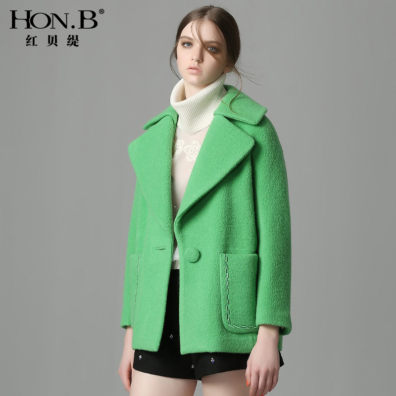 HONB红贝缇冬季新款时尚大方领简约一粒扣中长款毛呢大衣 12B