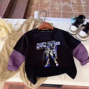 纯棉长袖T恤2024春秋男童卡通机甲战士打底衫女童秋装假两件卫衣