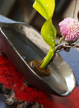 剑山插花器长方形插花器皿船型陶瓷花盘黑色盘日式小中式禅意一皿