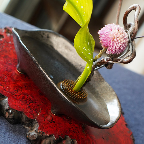 剑山插花器长方形插花器皿船型陶瓷花盘黑色盘日式小中式禅意一皿