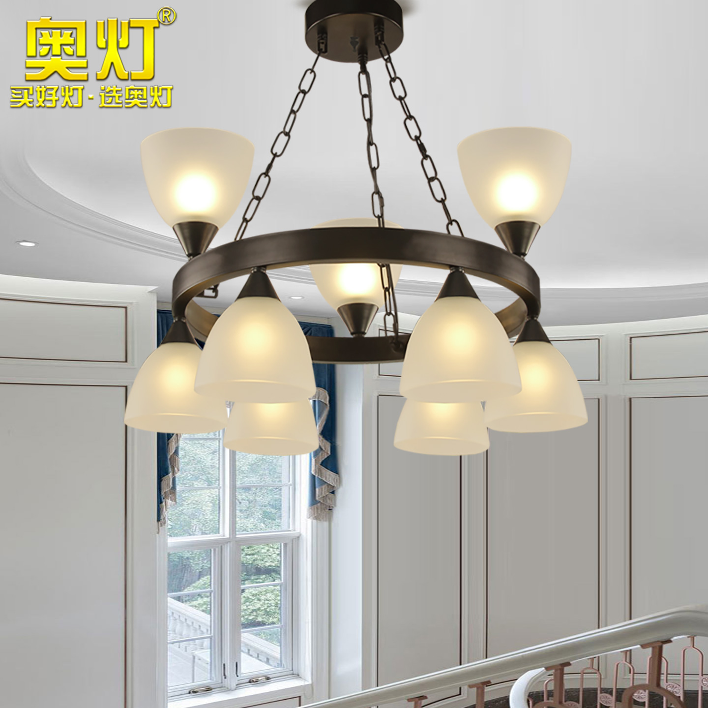 奥灯餐厅卧室书房简约欧式灯饰美式乡村复古黑色铁艺客厅吊灯9435