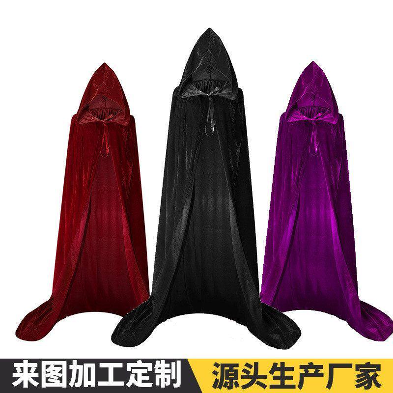 跨境爆款万圣节密丝绒连帽长款披风服装巫师角色扮演黑色长袍斗篷